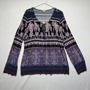 Energe World Wear Purple Navy Black Print Long Sleeve Blouse Womens PXL